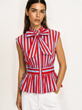 Striped Bow Tie Sleeveless Peplum Blouse