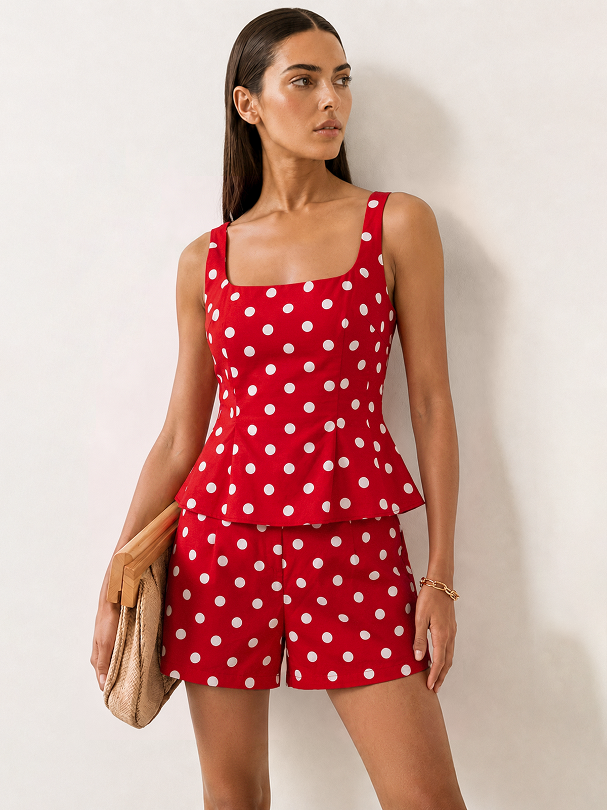 Polka Dot Cotton Linen Two Piece Shorts Set