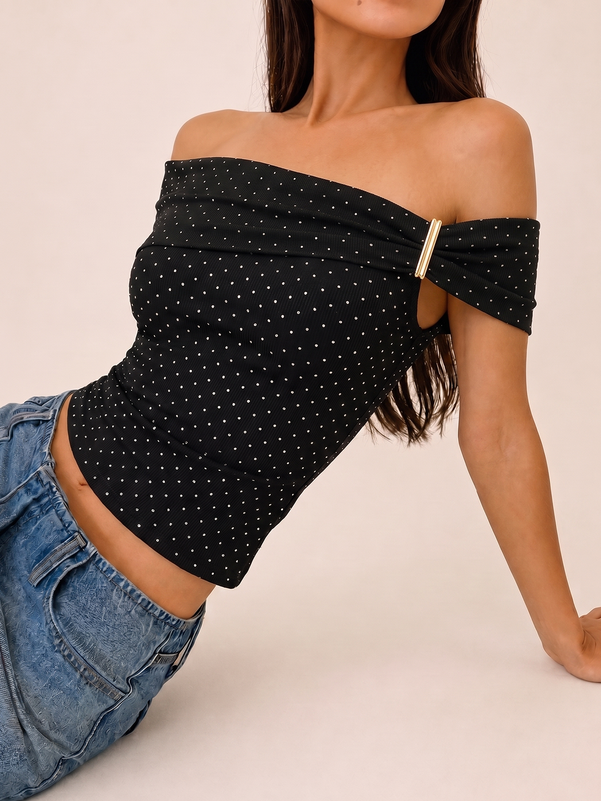 Detachable Metal Polka Dot Off Shoulder Top