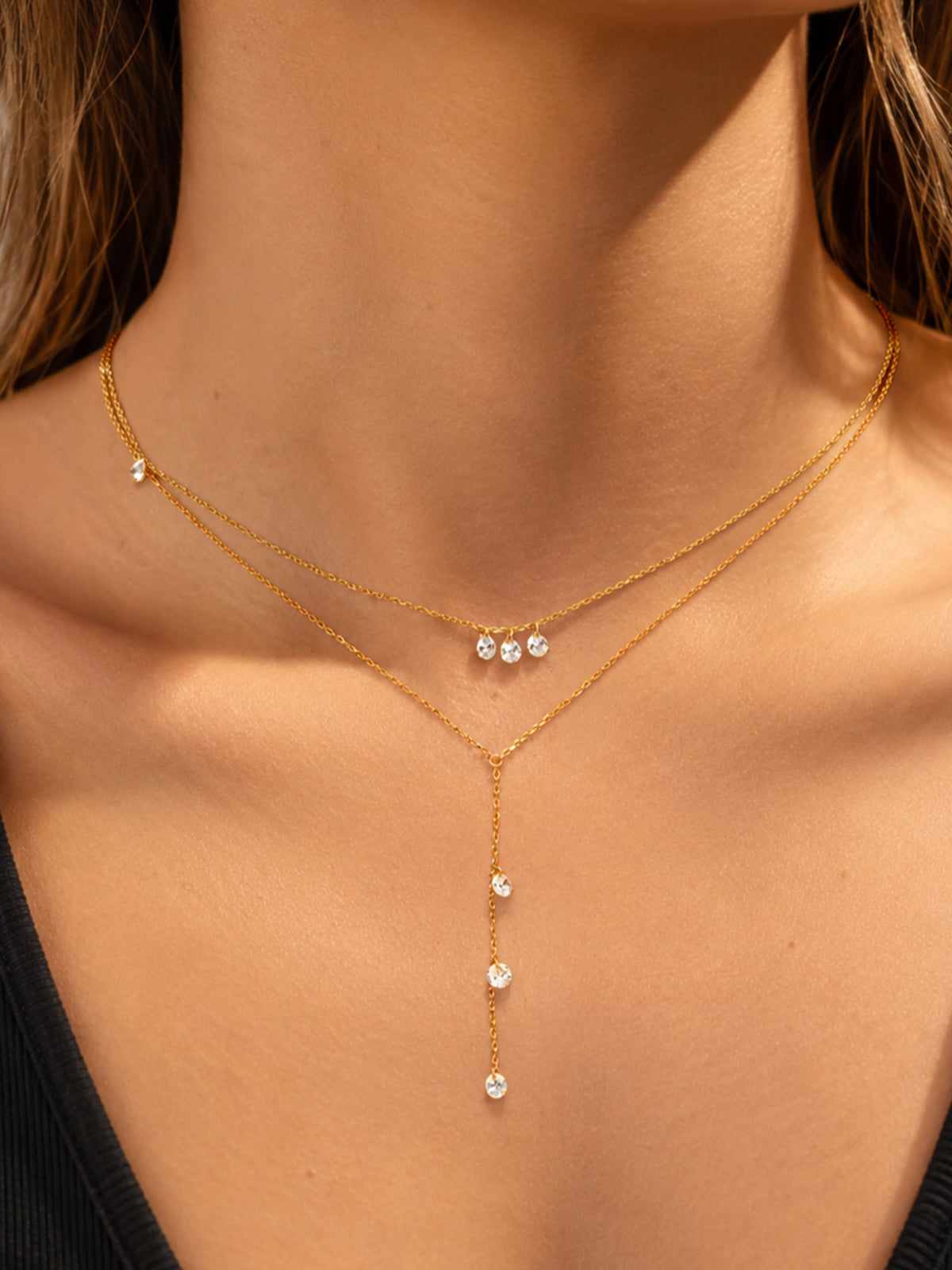 Double Layer Dainty Crystal Y Drop Necklace