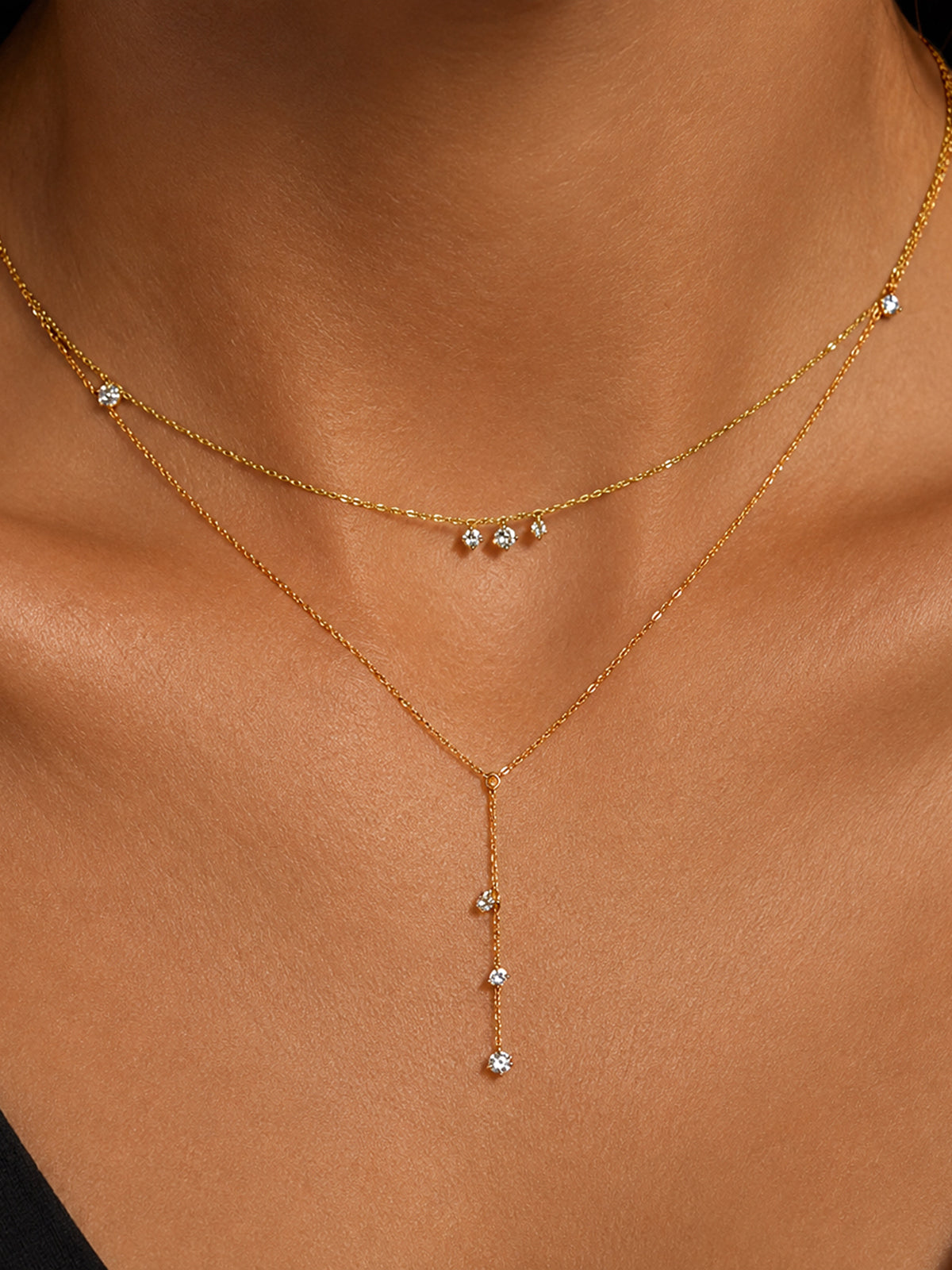 Double Layer Dainty Crystal Y Drop Necklace