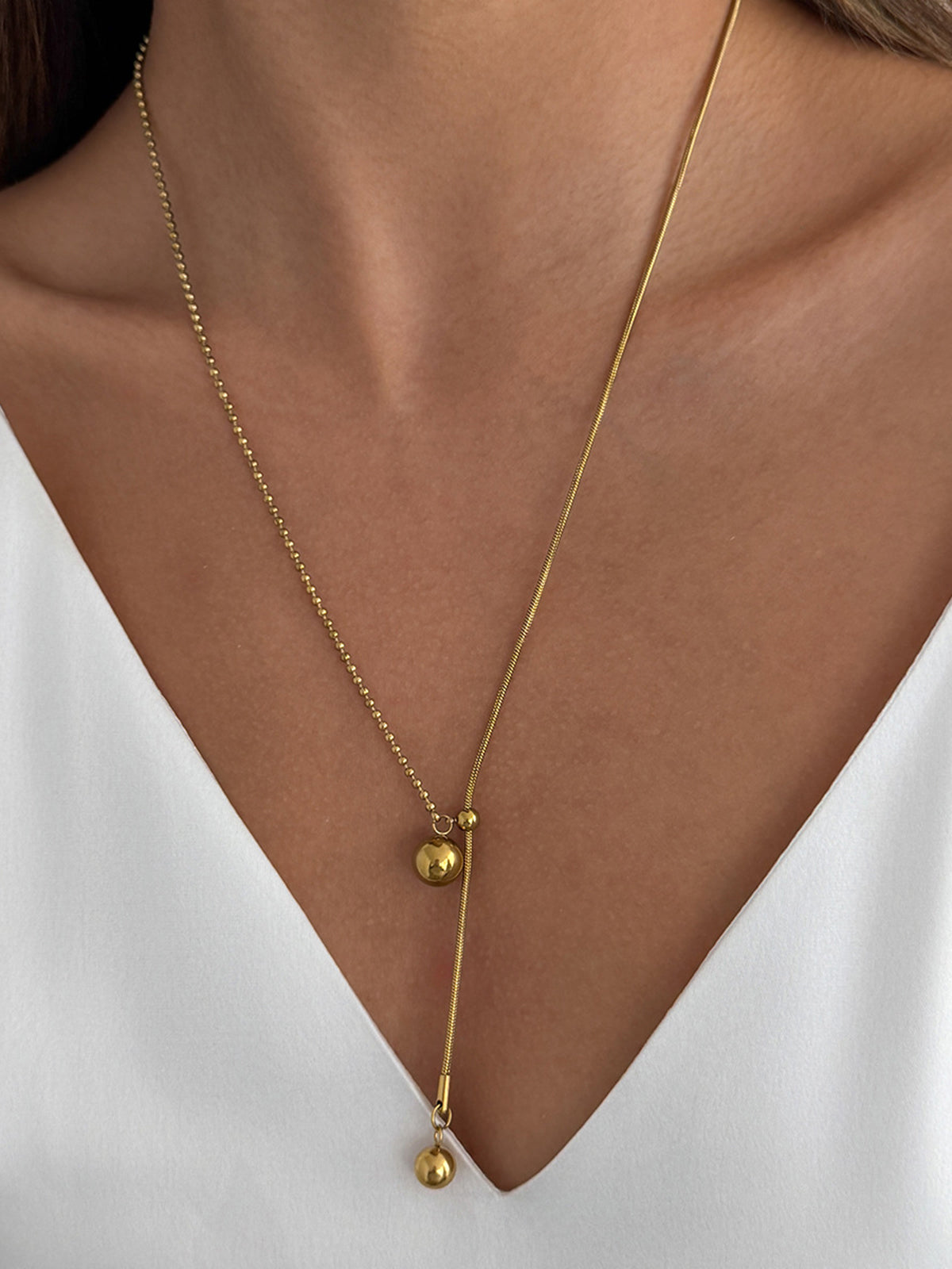 Two Ball Slider Lariat Gold Y Necklace