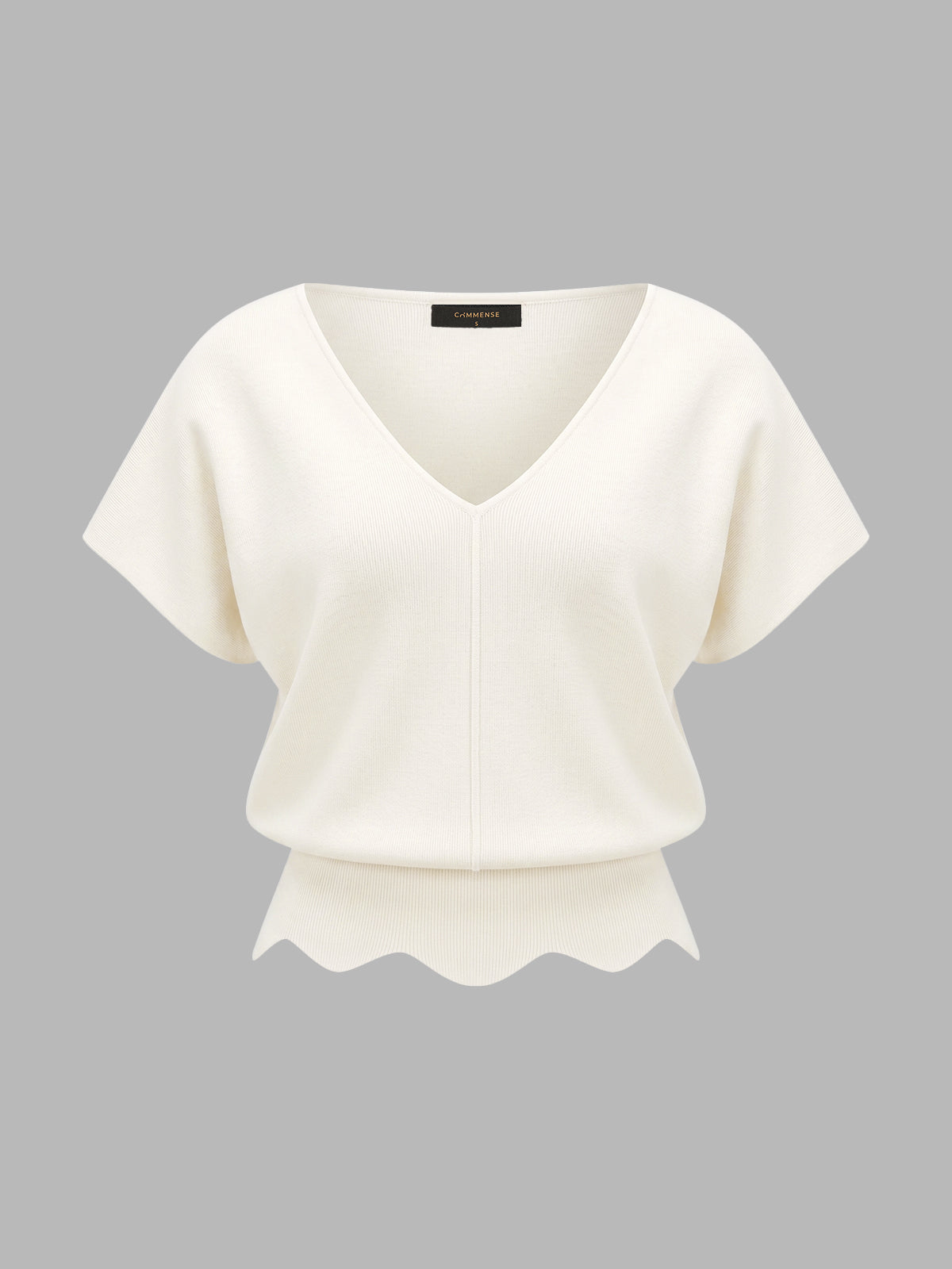 V-Neck Scalloped Hem Knit Top