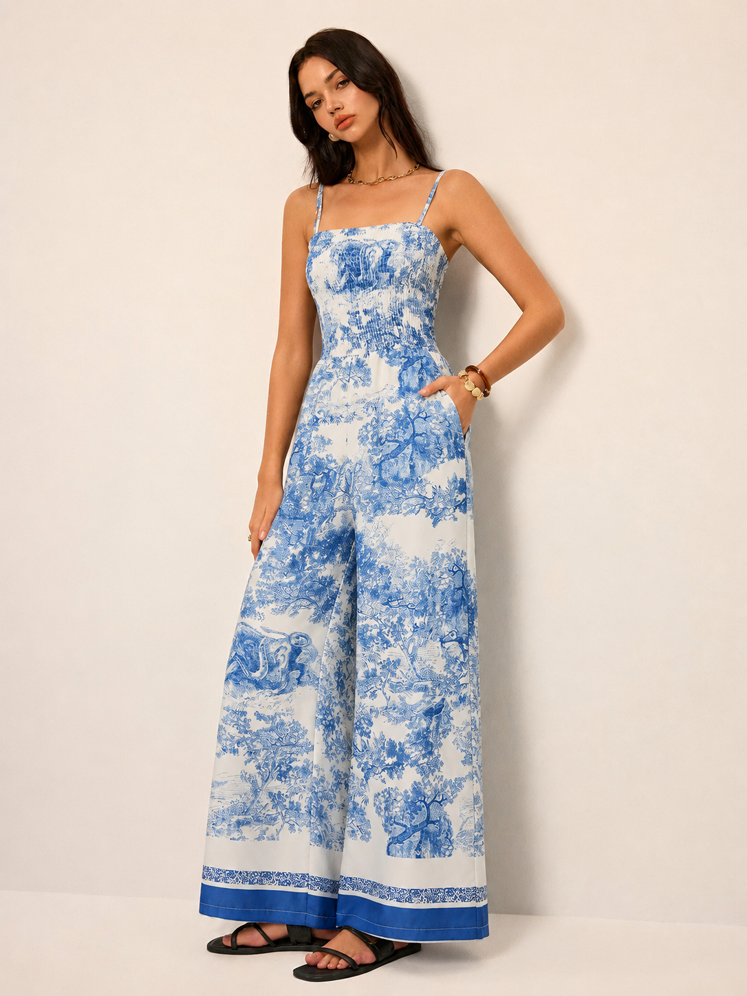 Toile Print Smocked Cami Wide-Leg Jumpsuit