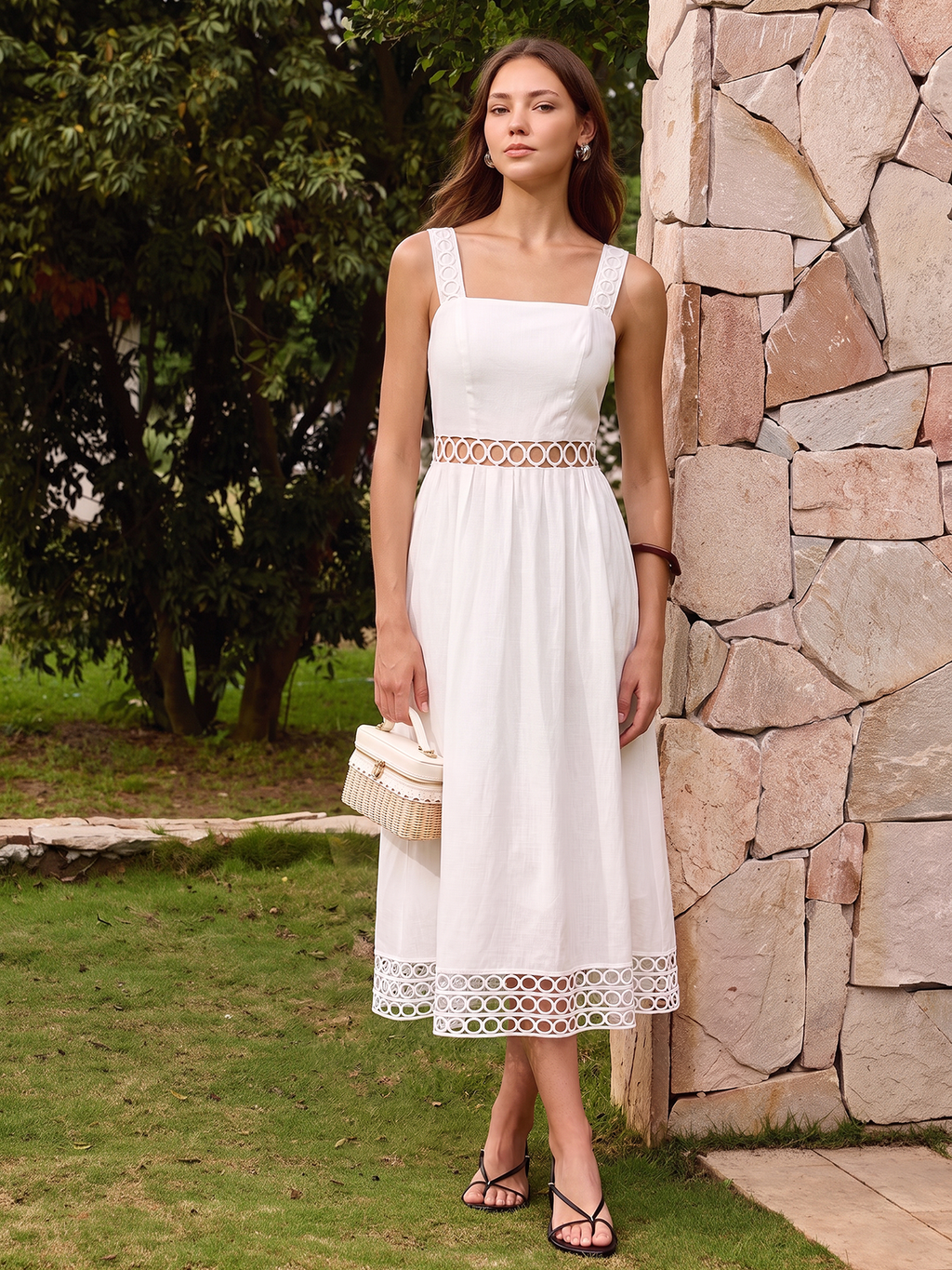 Circle Hollow Linen Blend Midi Dress