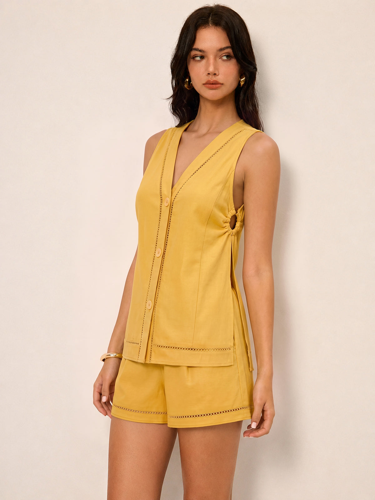 Hollow Trim Linen Blend Two Piece Shorts Set