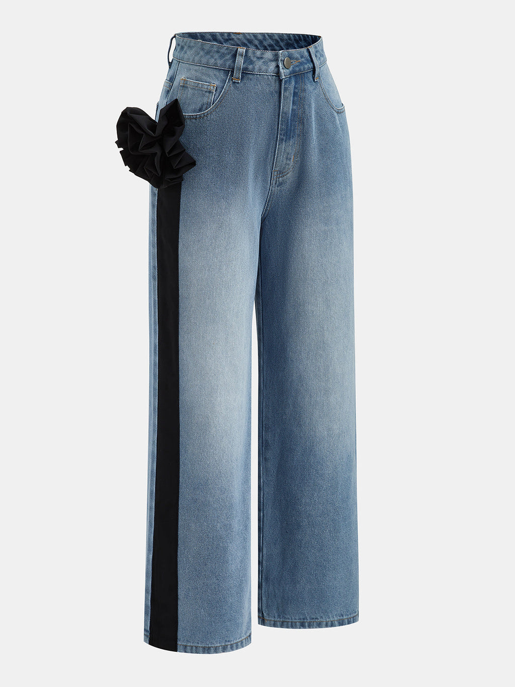 Floral Decor Straight Leg Denim Pants