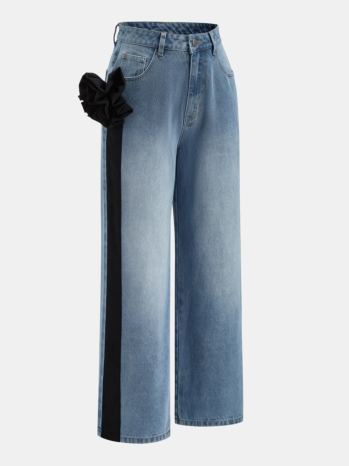 Floral Decor Straight Leg Denim Pants