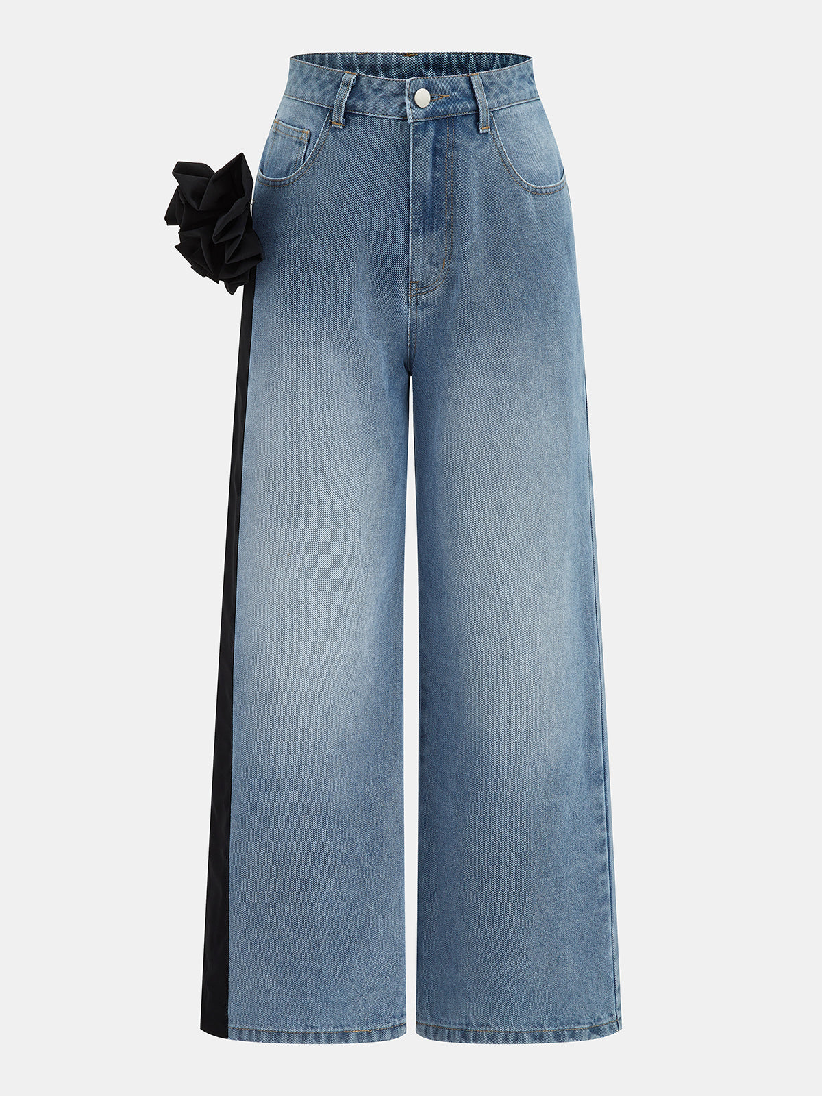 Floral Decor Straight Leg Denim Pants