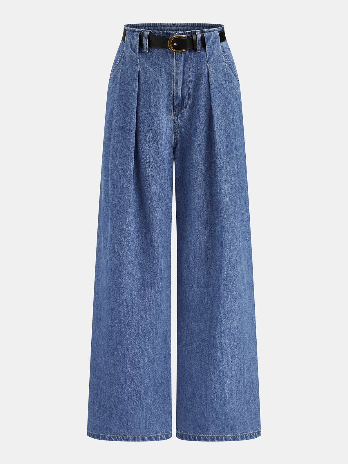 Belted Pleated Wide Leg Denim Pants