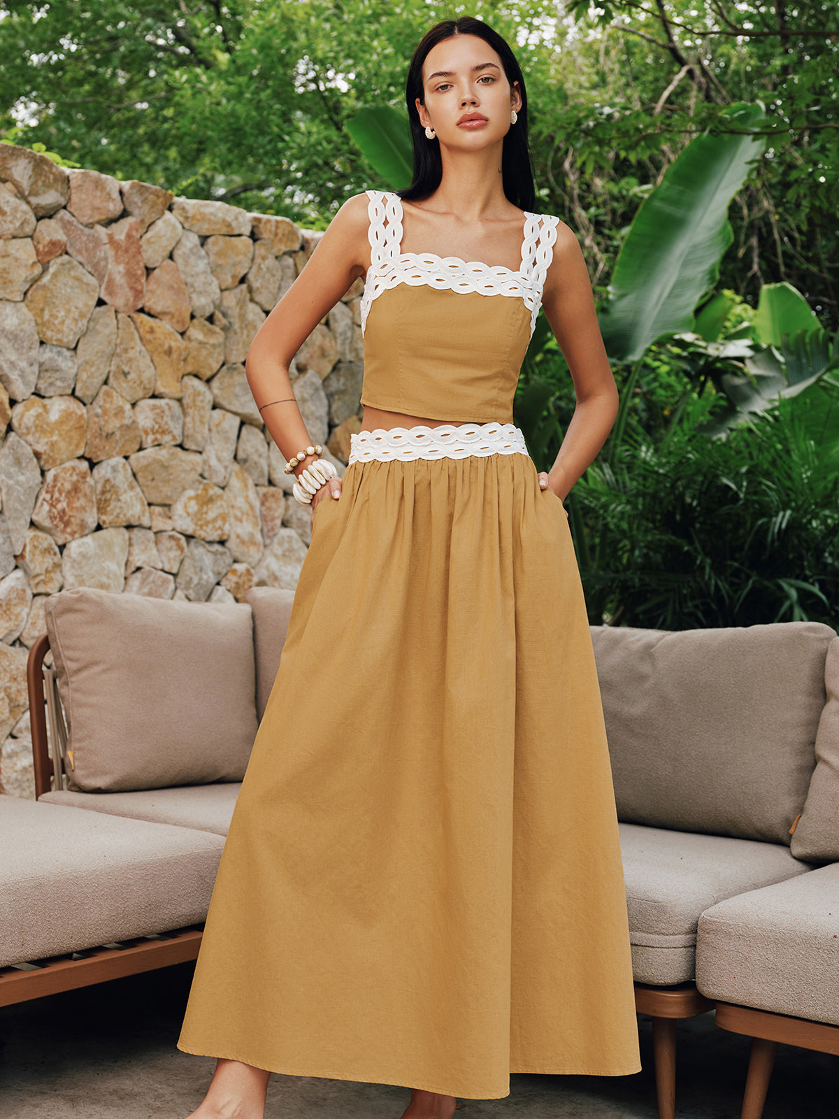Contrast Trim Cotton Linen Top & Skirt Set