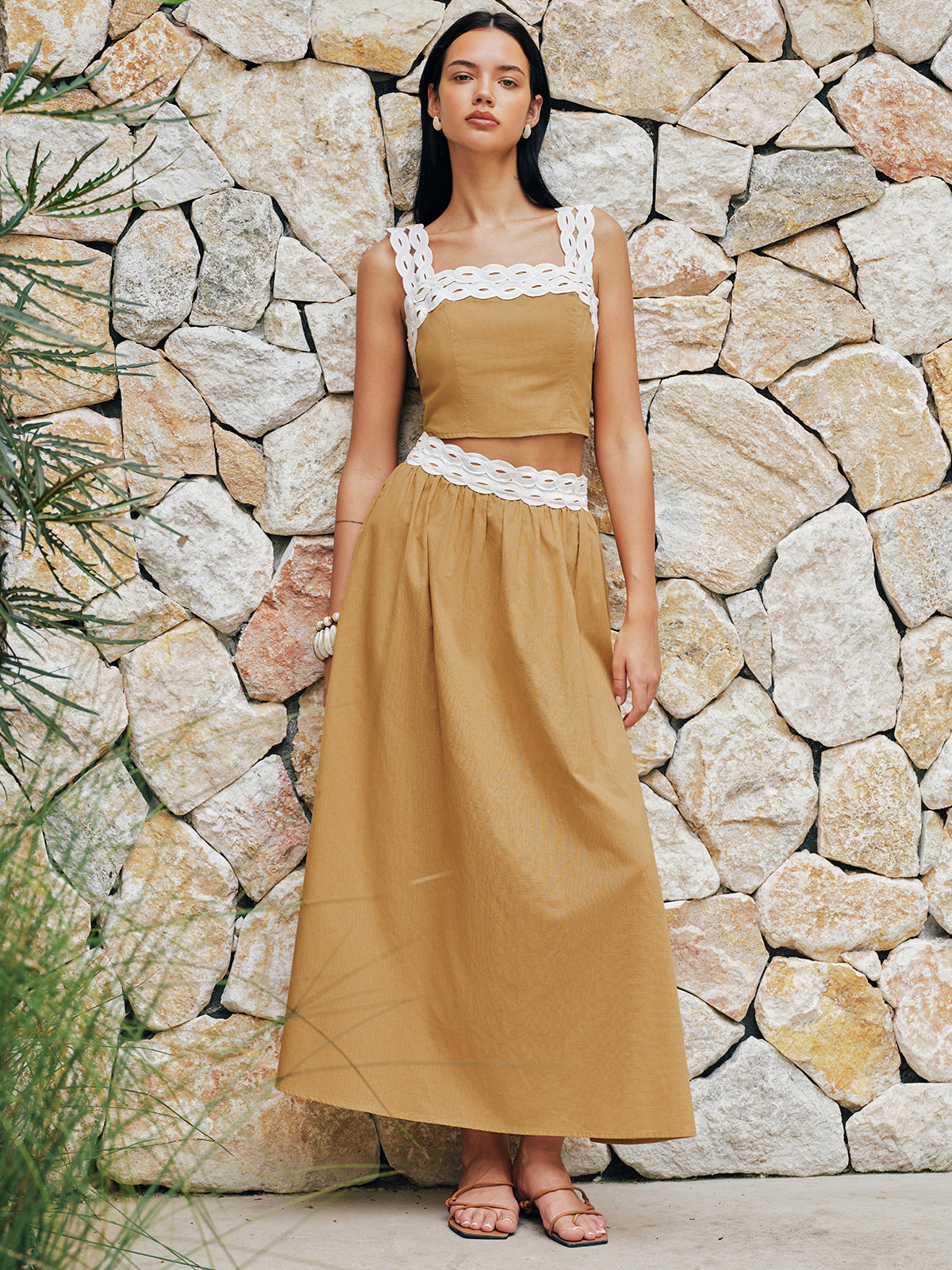 Contrast Trim Cotton Linen Top & Skirt Set