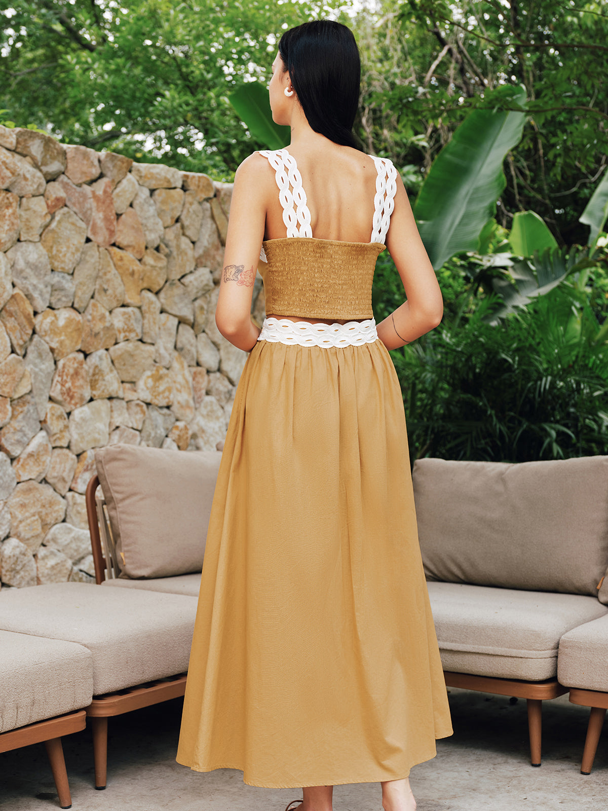 Contrast Trim Cotton Linen Top & Skirt Set