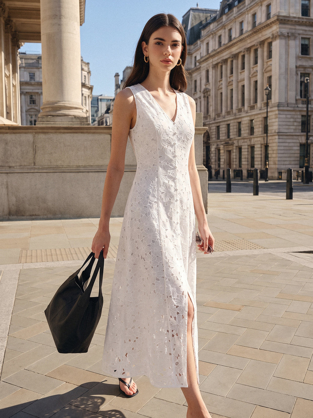 Sleeveless Floral Cutwork Slit Midi Dress