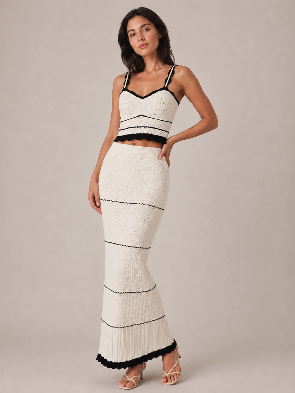 Contrast Trim Hollow Knit Two Piece Skirt Set