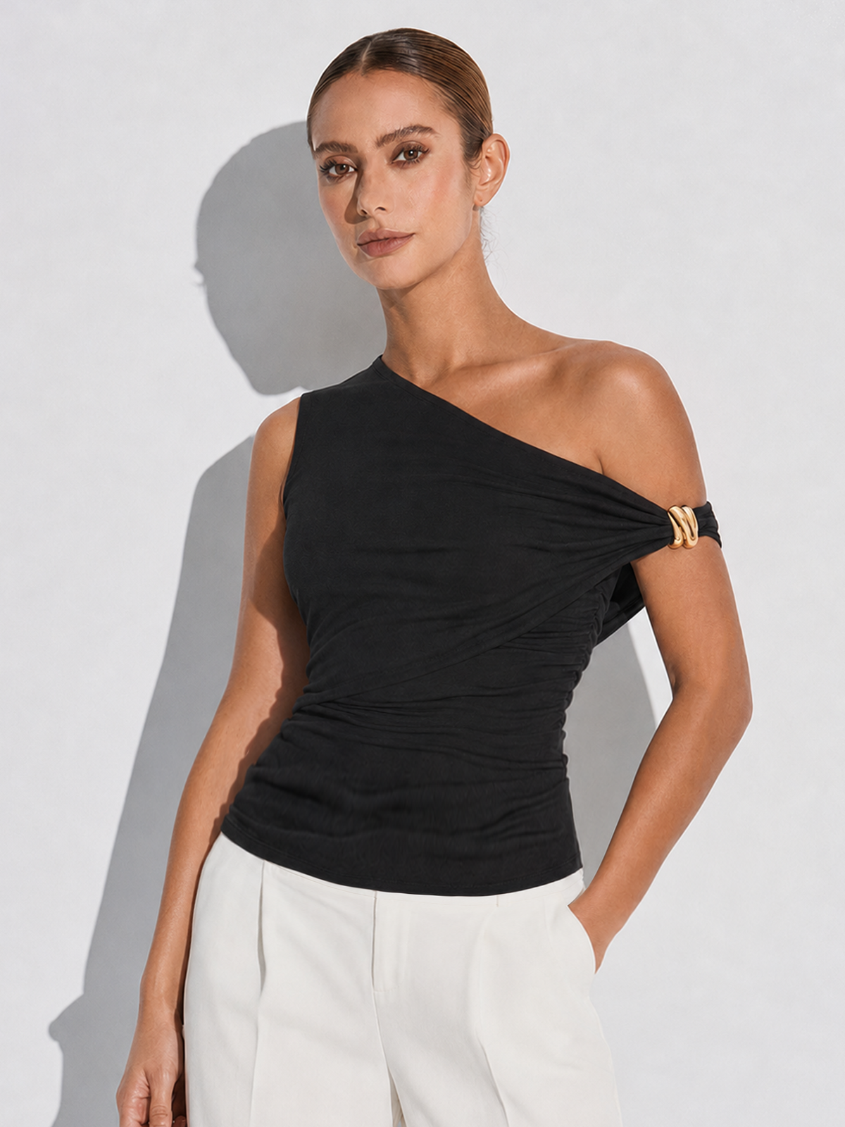 One Shoulder Ruched Metal Ring Tank Top
