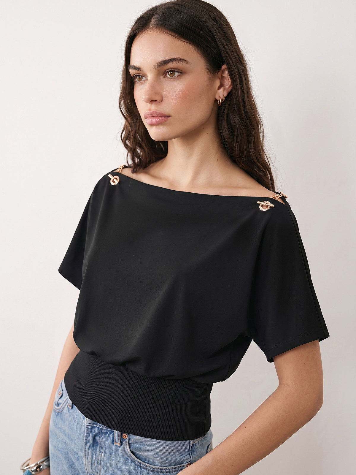 Chain Detail Off Shoulder Short Sleeve Top