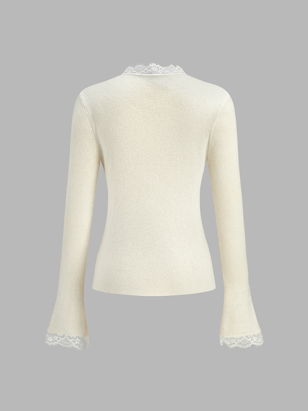 Lace‑Trim V‑Neck Ribbed Knit Flare‑Sleeve Top