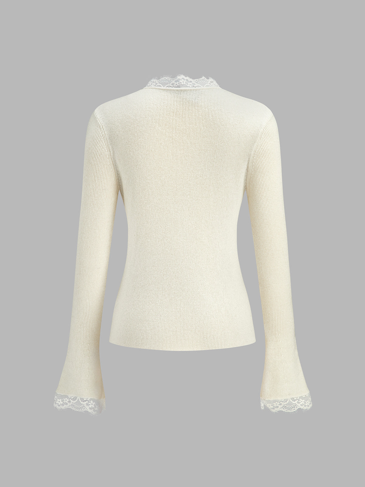 Lace‑Trim V‑Neck Ribbed Knit Flare‑Sleeve Top