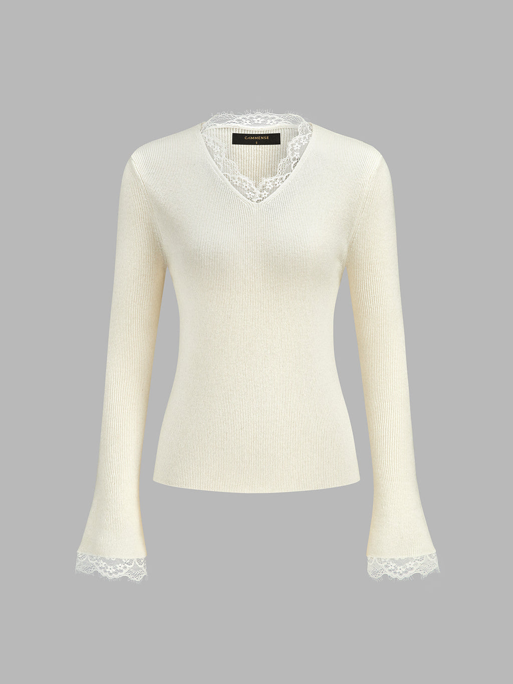 Lace‑Trim V‑Neck Ribbed Knit Flare‑Sleeve Top