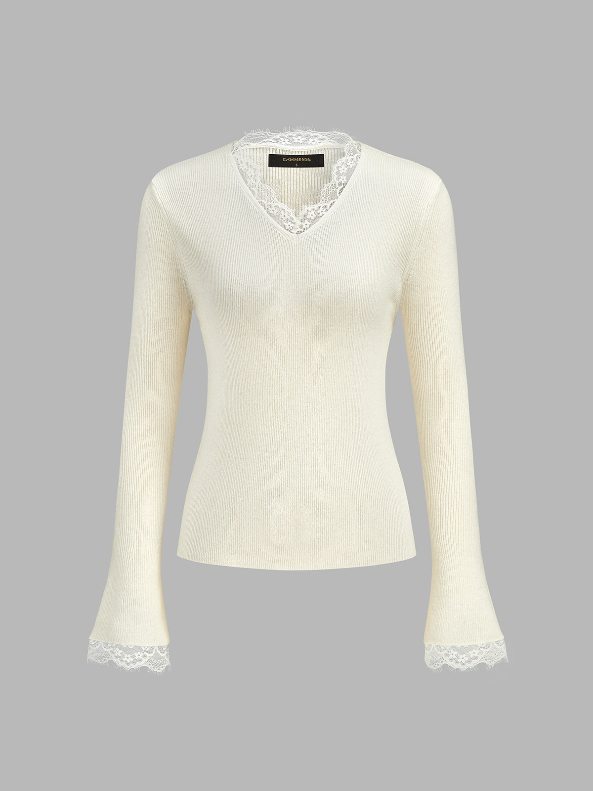 Lace‑Trim V‑Neck Ribbed Knit Flare‑Sleeve Top