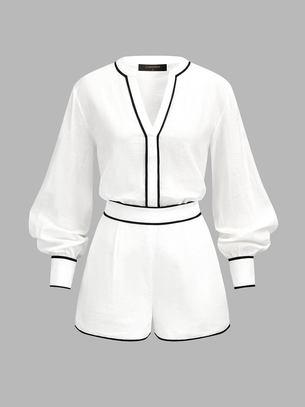 Contrast Trim Cotton Linen Two Piece Shorts Set