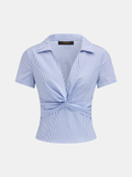 Collared Twisted Striped Short Sleeve Blouse