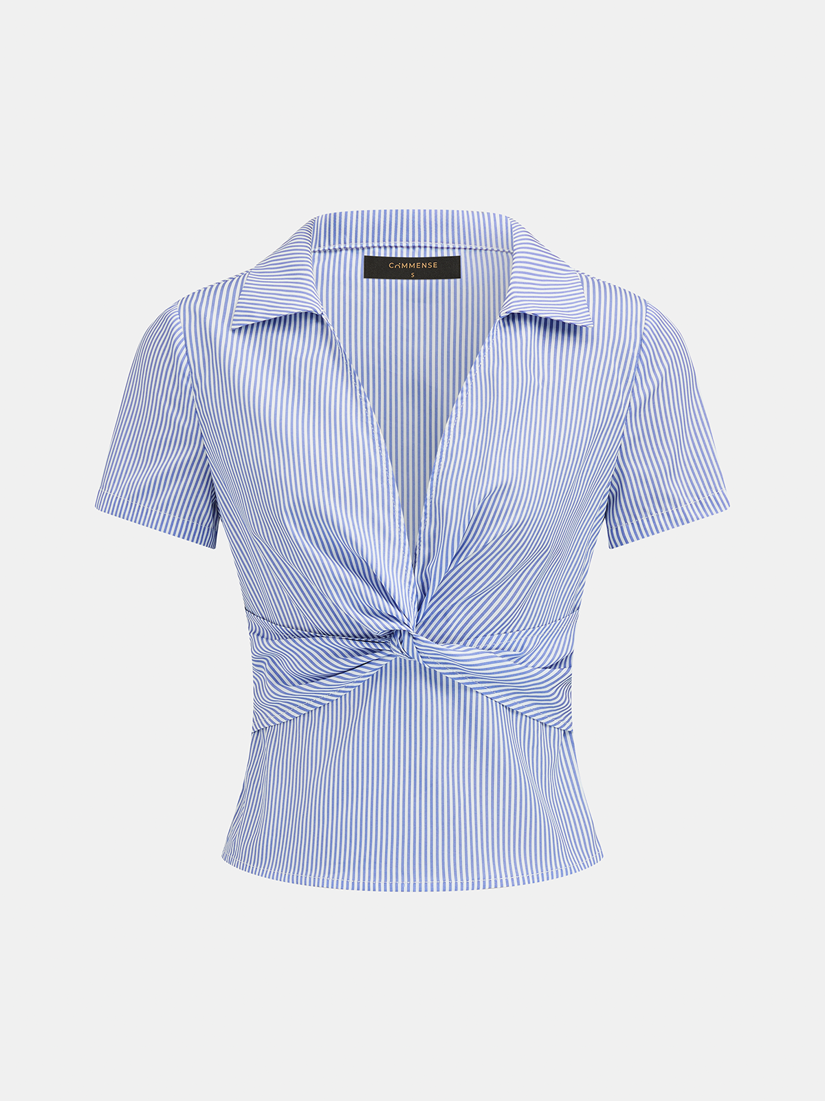 Collared Twisted Striped Short Sleeve Blouse