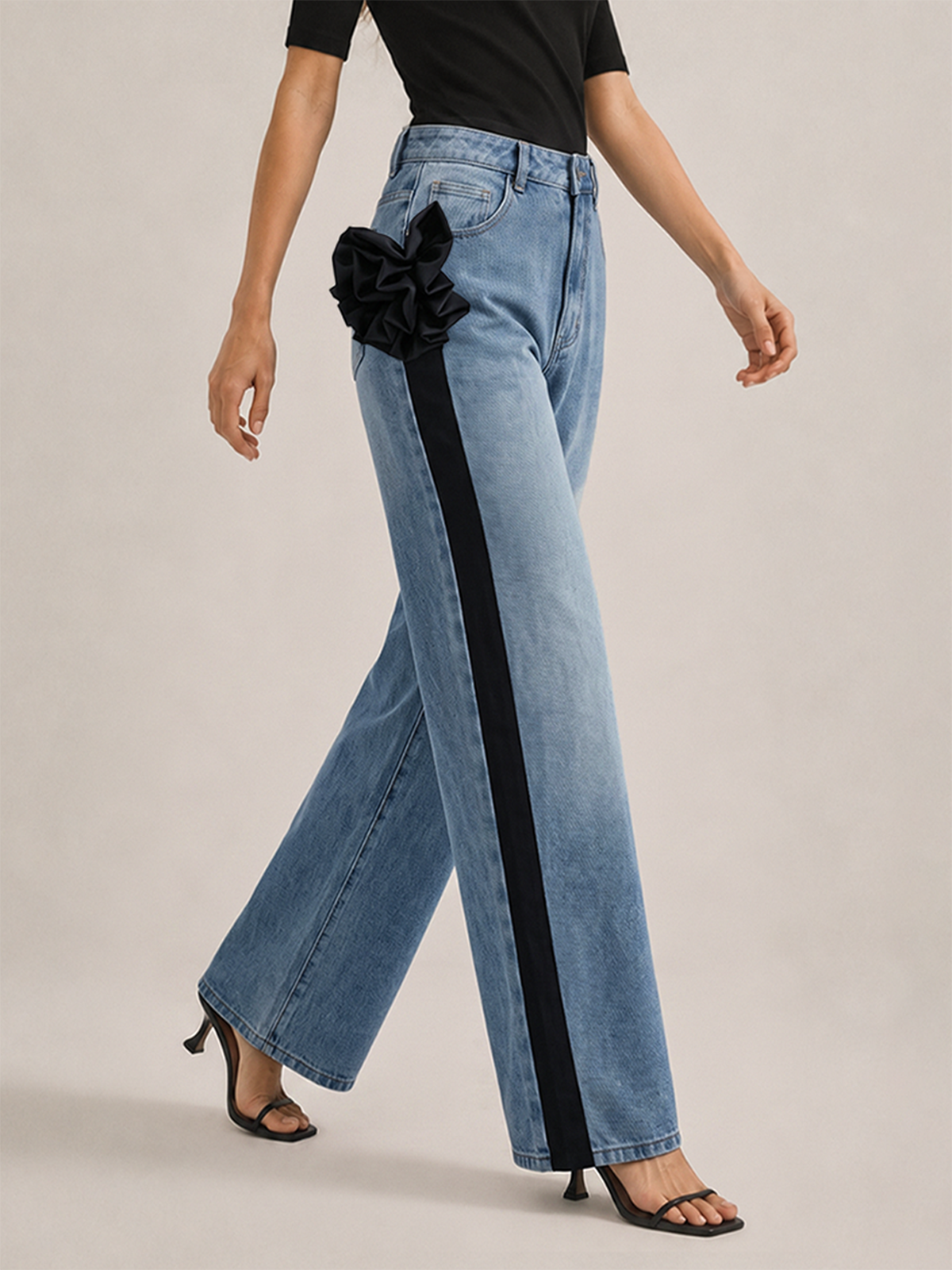 Floral Decor Straight Leg Denim Pants