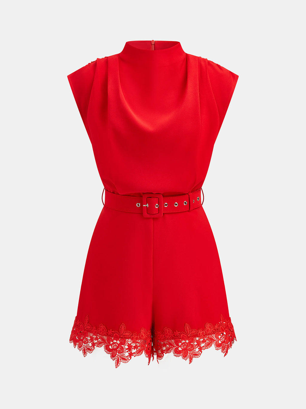 Belted Sleeveless Lace Hem Romper