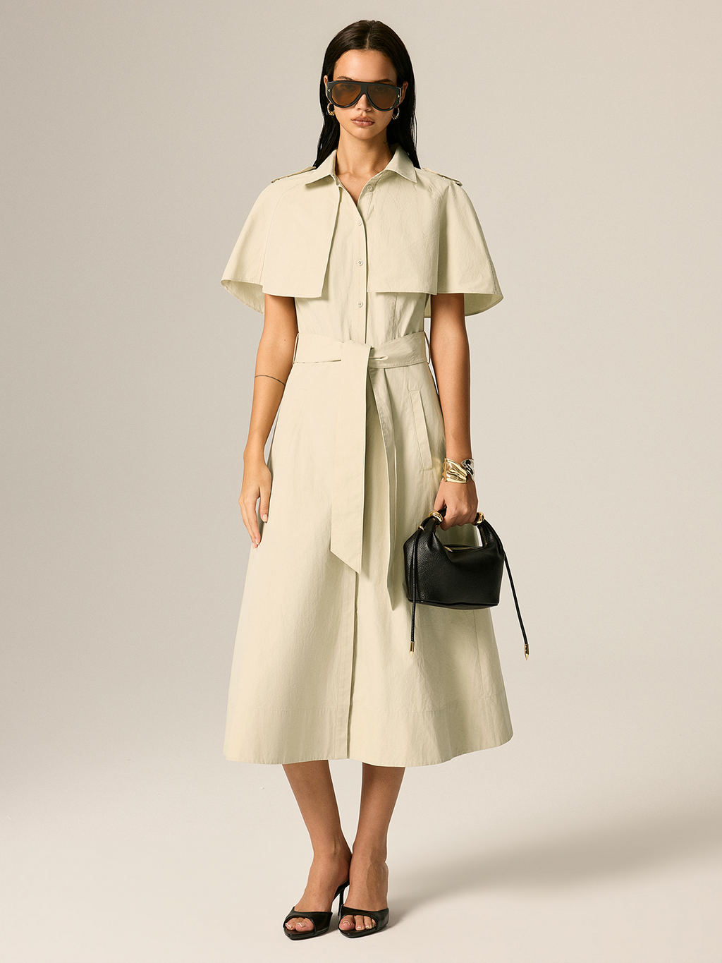 Cape Sleeve Belted Cotton Maxi Dress
