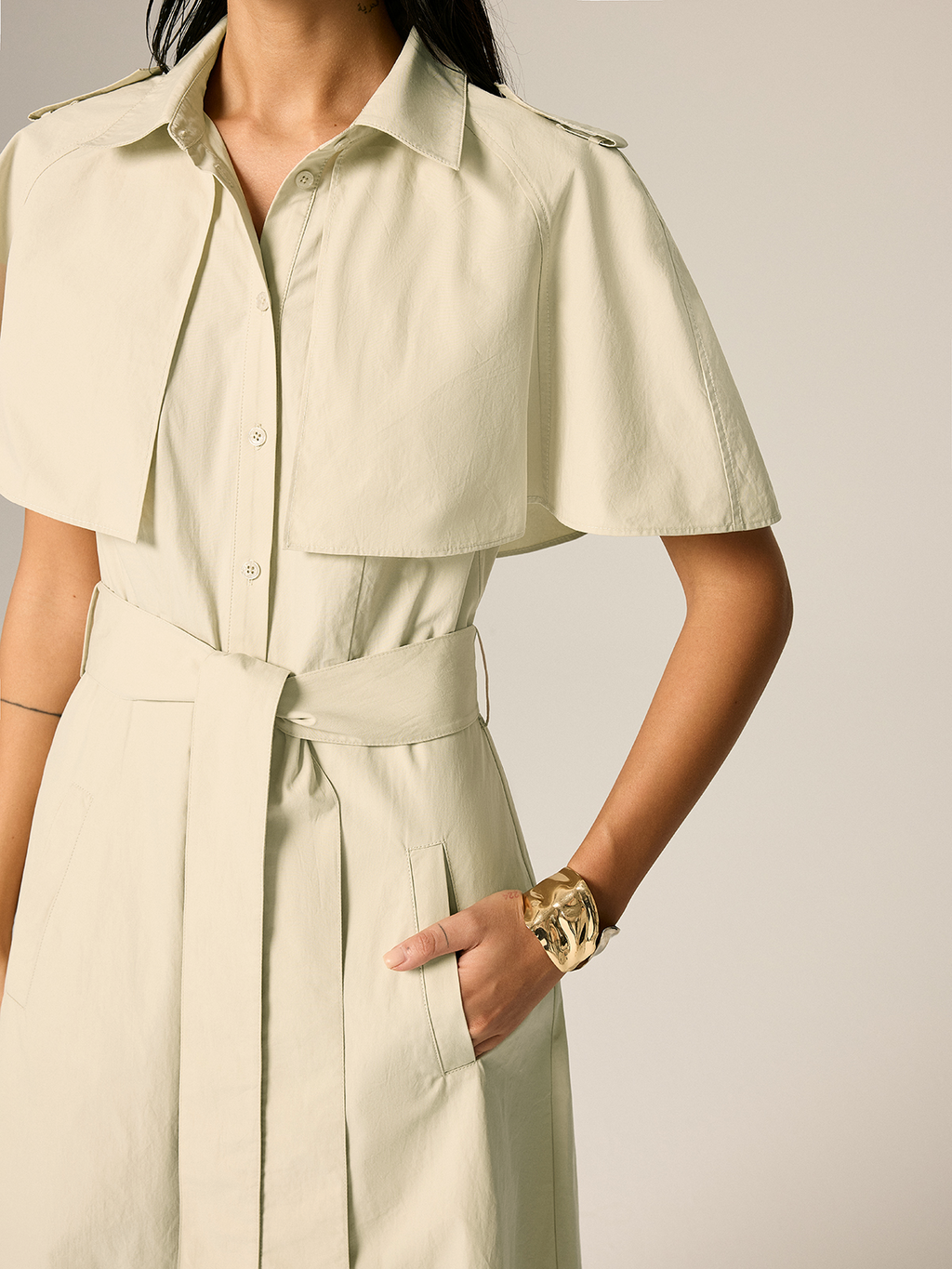 Cape Sleeve Belted Cotton Maxi Dress