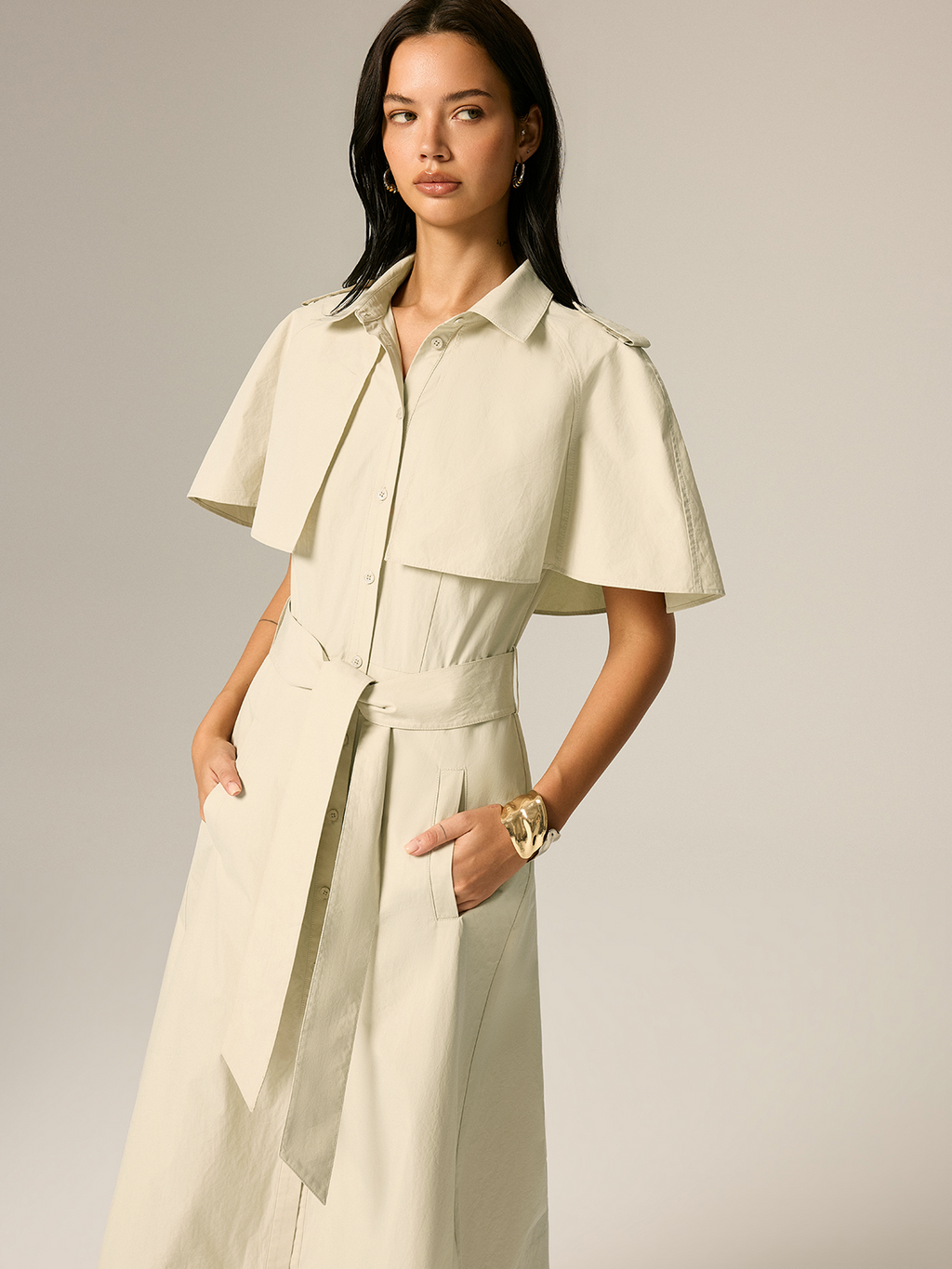 Cape Sleeve Belted Cotton Maxi Dress