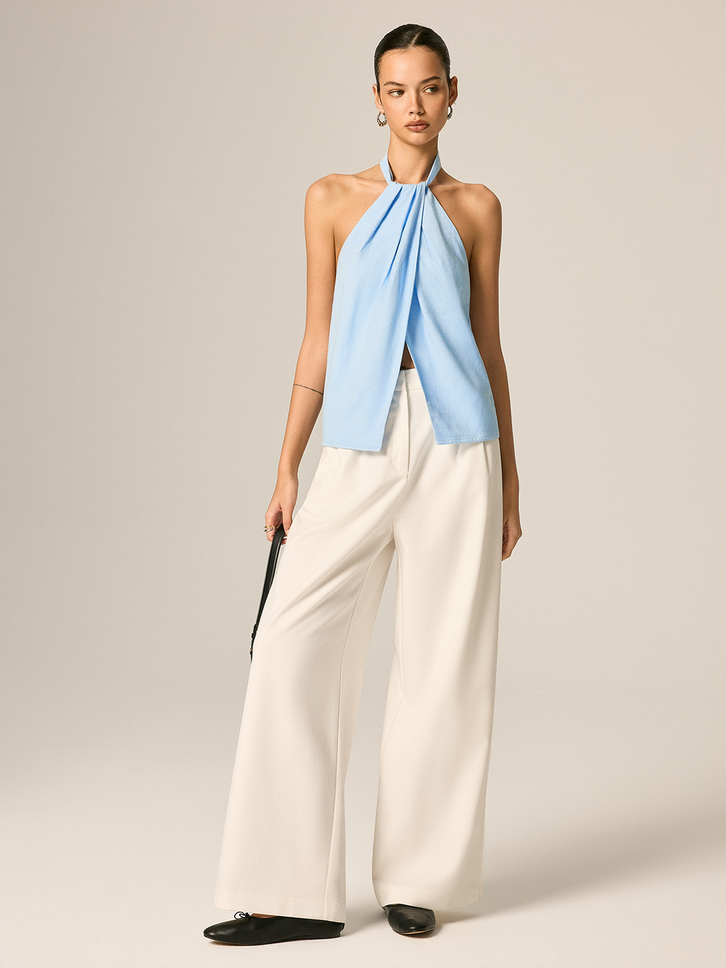 Halter Neck Front Slit Linen Blend Top