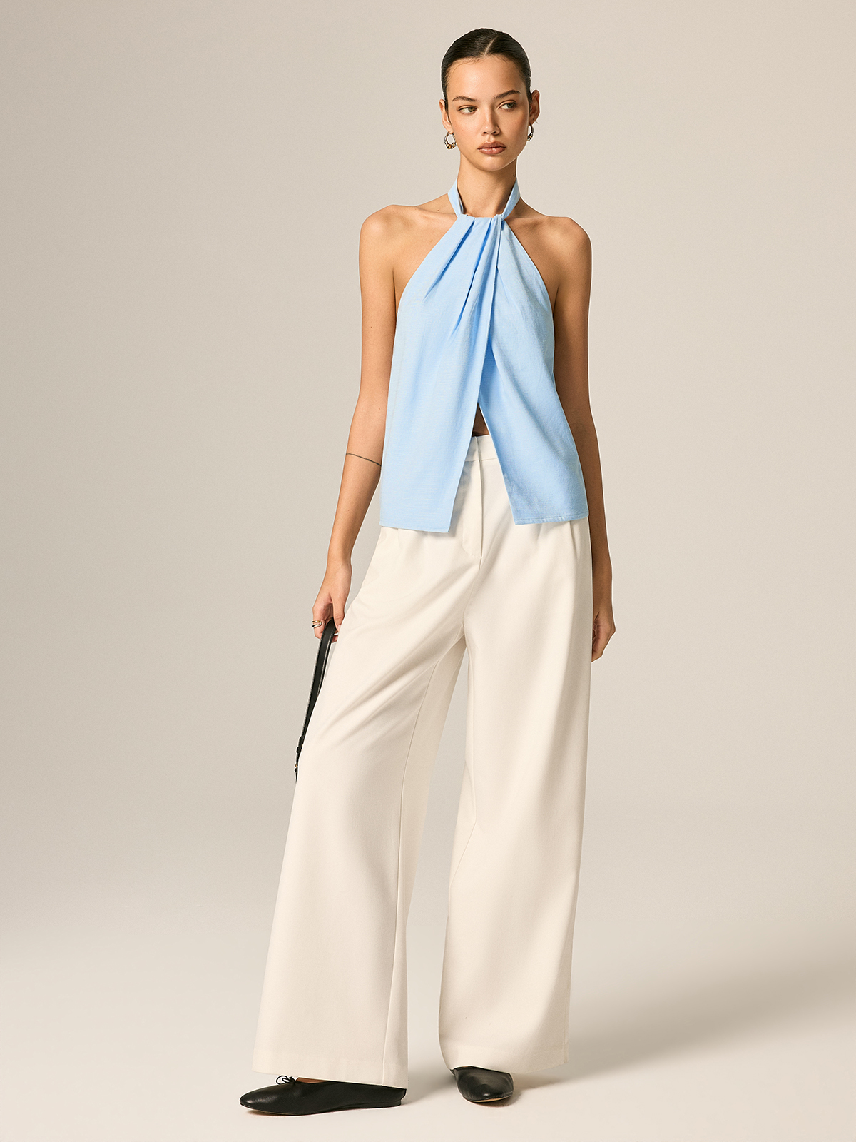 Halter Neck Front Slit Linen Blend Top