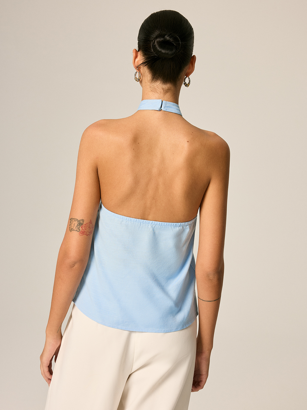 Halter Neck Front Slit Linen Blend Top