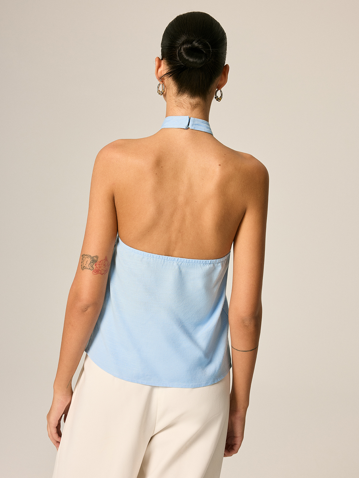 Halter Neck Front Slit Linen Blend Top