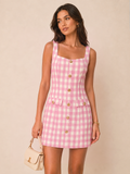 Button Front Gingham Tweed Mini Dress