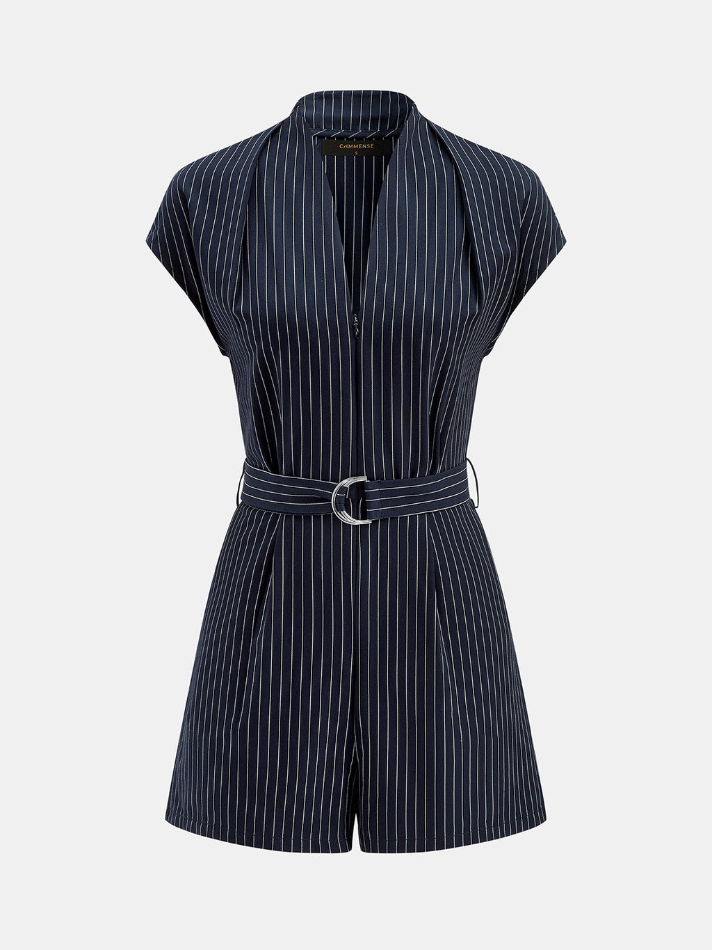 Striped Belted V-Neck Cap Sleeve Romper