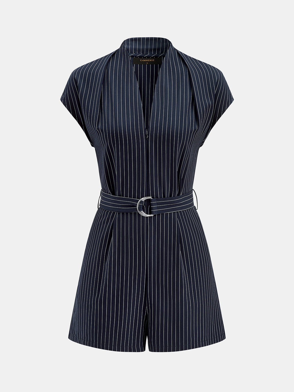 Striped Belted V-Neck Cap Sleeve Romper