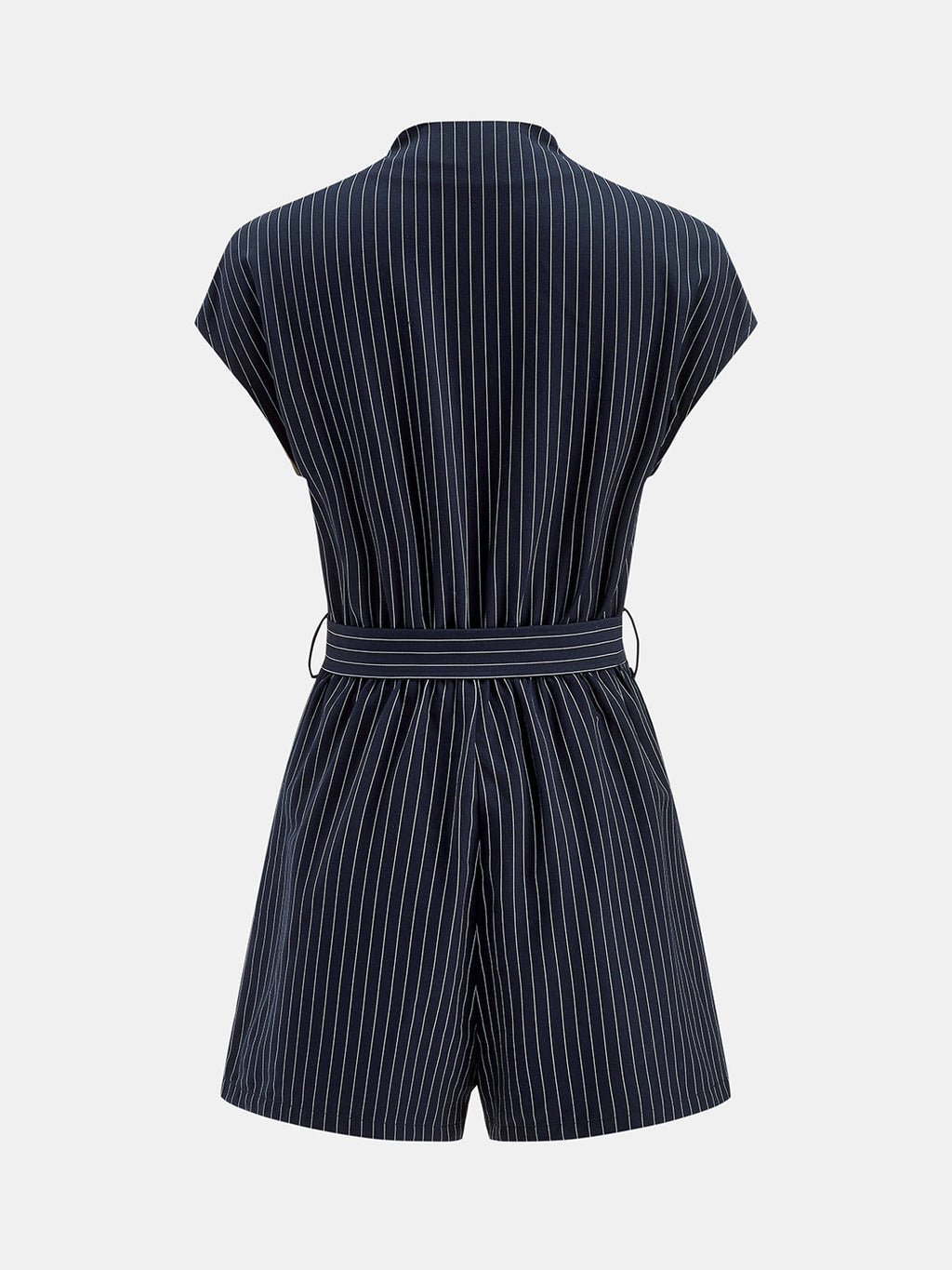 Striped Belted V-Neck Cap Sleeve Romper
