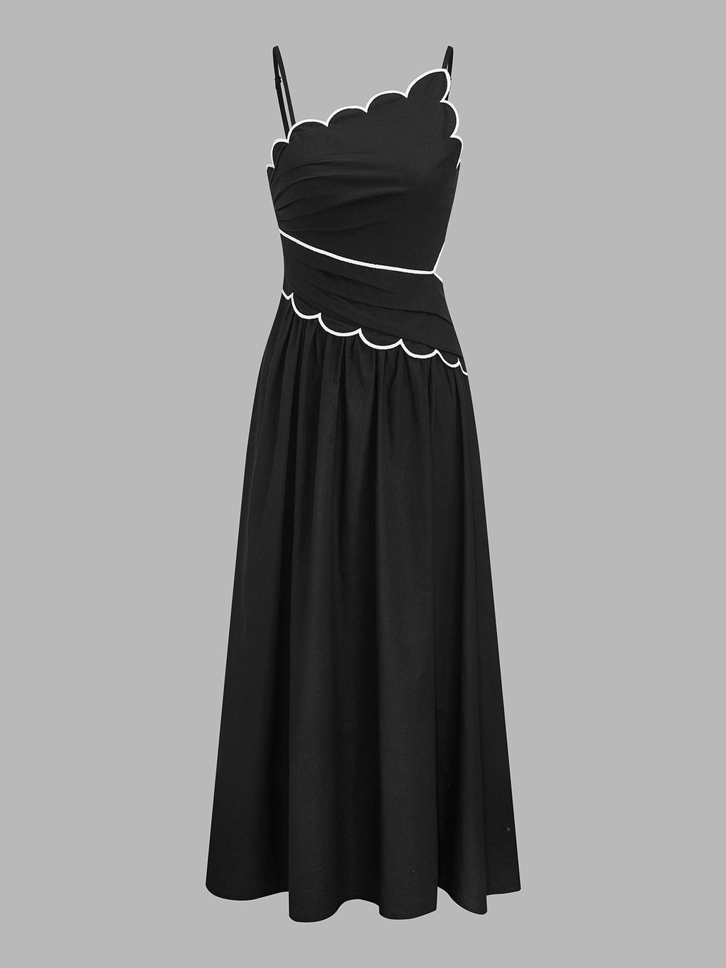 Scallop Trim Ruched Cotton Maxi Slip Dress