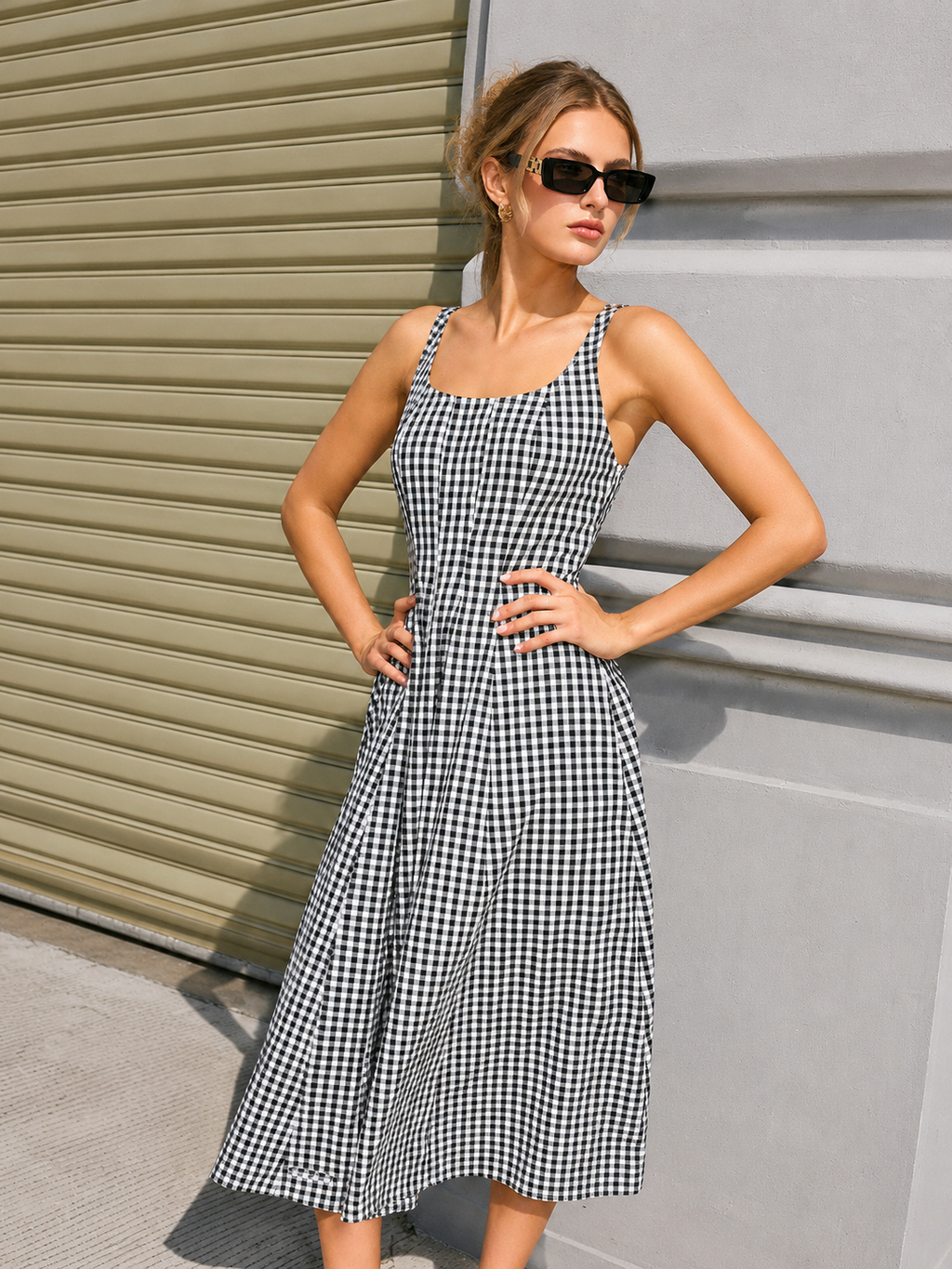 Gingham Lace Up Back Pocket Midi Dress