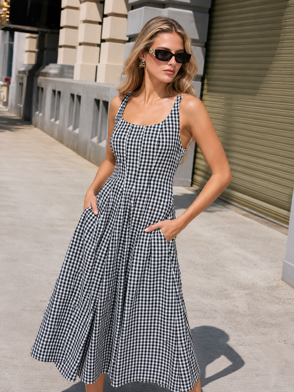 Gingham Lace Up Back Pocket Midi Dress