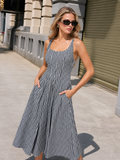 Gingham Lace Up Back Pocket Midi Dress