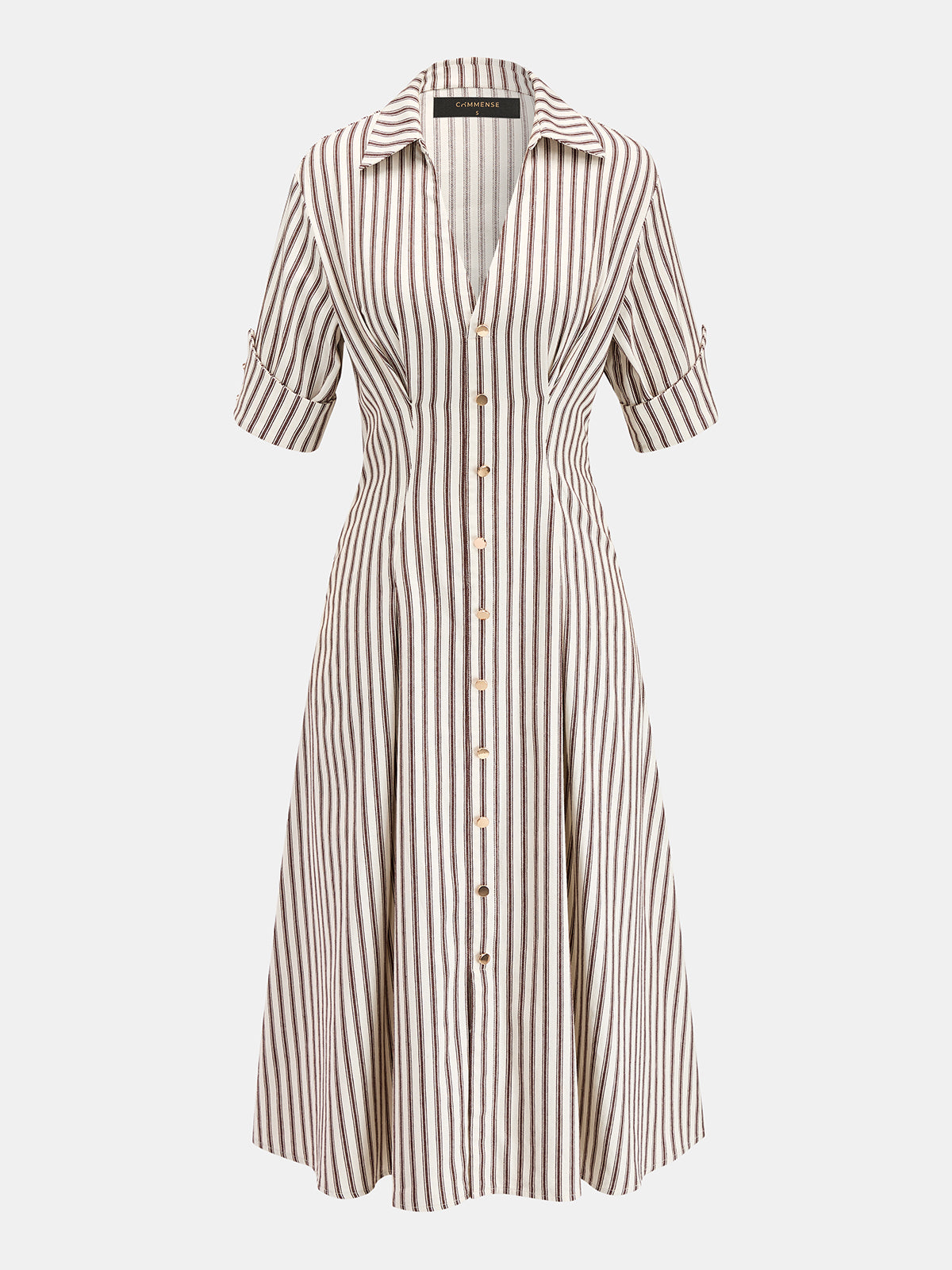 Roll Sleeve Striped Shirt Midi Dress