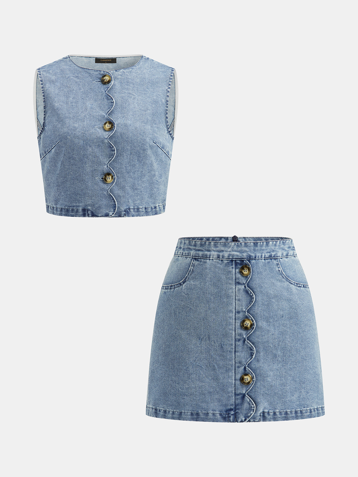 Scallop Edge Denim Two Piece Skirt Set