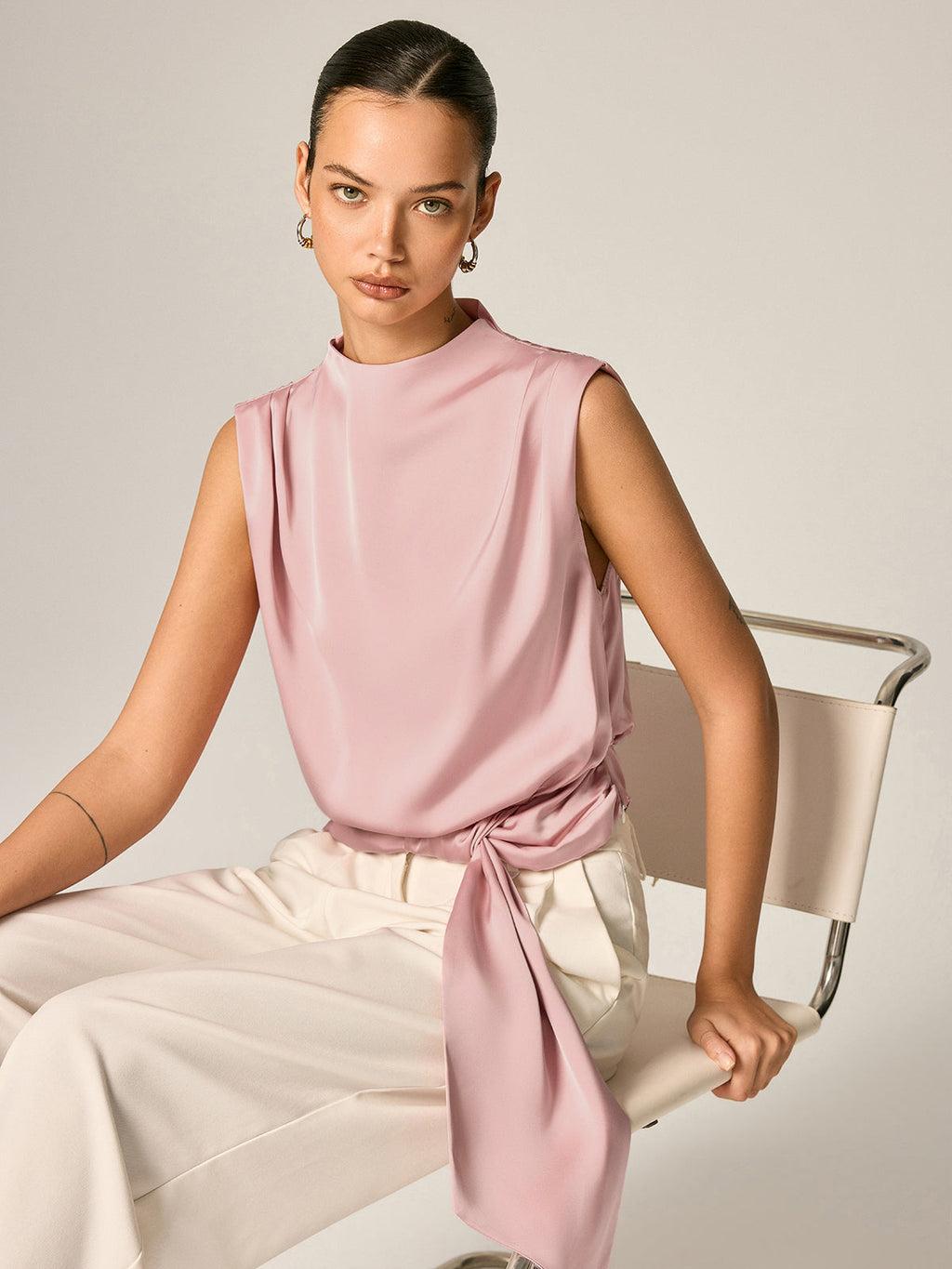 Draped Satin Tie Waist Sleeveless Blouse