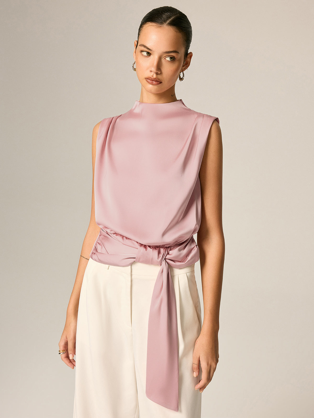 Draped Satin Tie Waist Sleeveless Blouse
