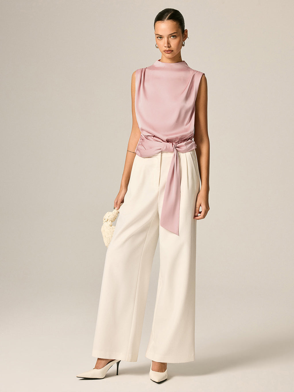 Draped Satin Tie Waist Sleeveless Blouse
